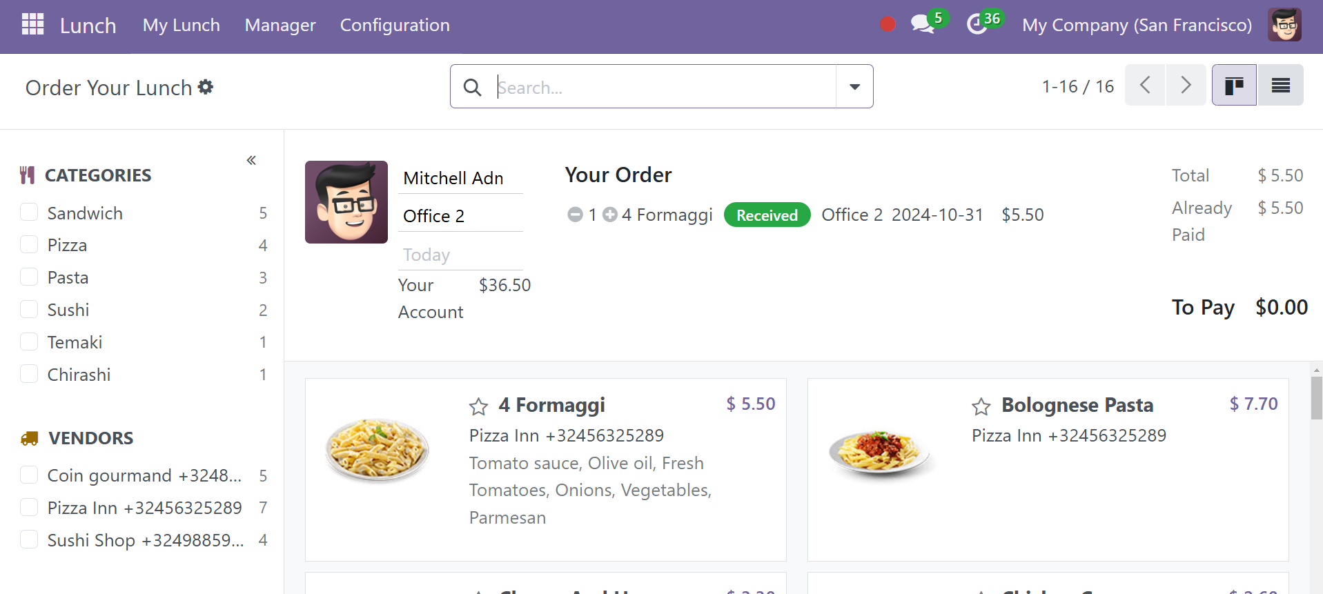 Odoo 18 lunch