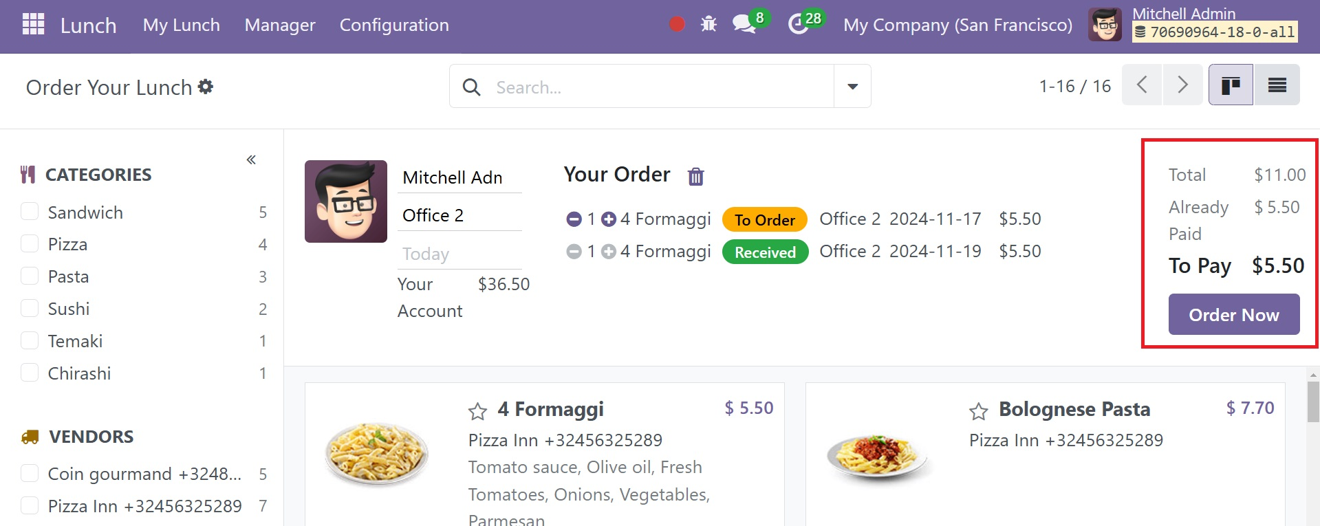 Odoo 18 lunch